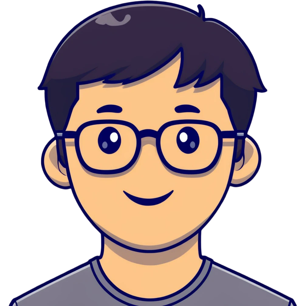 Asian man with short black hair, glasses, friendly smile, Josh Lim character emoji