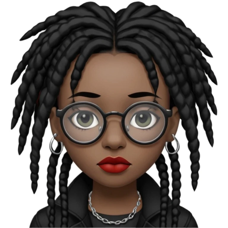 Black goth girl with piercings on both her brows, septum and lips with black dreadlocks and block glasses  emoji