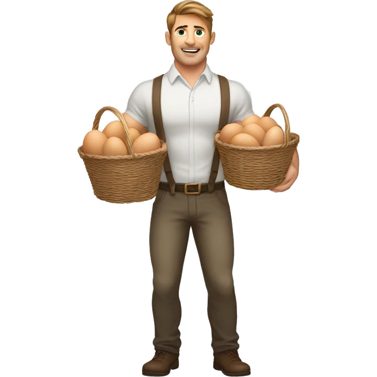 Buff white man with brown hair holding two baskets with a ton of eggs emoji