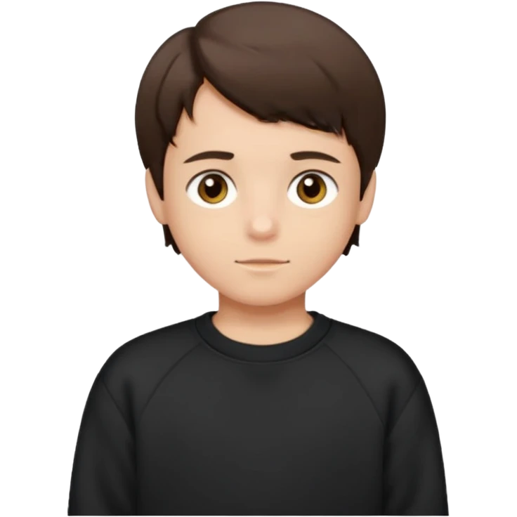 A brunette boy, short straight hair, light brown eyes, with a black sweatshirt emoji