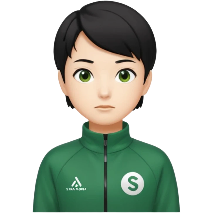 Sae-byeok from Squid Game, green tracksuit, short black hair, neutral face, stylized emoji emoji