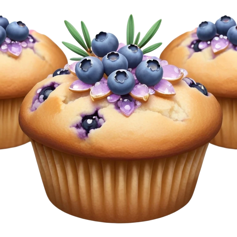 Lavender flower sprigs on a muffin with blueberries and sugar crystals without frosting  emoji