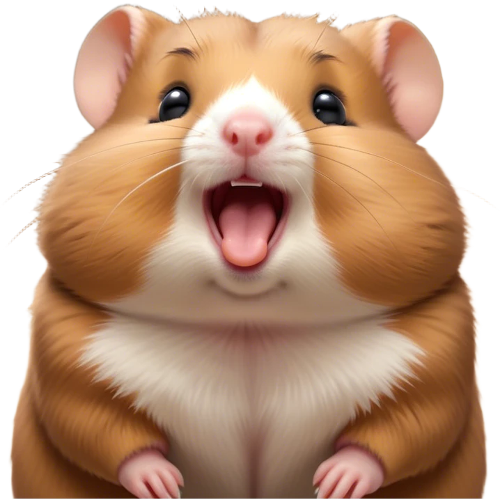 Cinematic Cute Yawning Brown Hamster Portrait Emoji, Head tilted slightly with a dramatic, wide-open yawn, showcasing a smooth, rich brown fur with tiny droopy ears, round dark eyes barely open in drowsy contentment, Simplified yet irresistibly adorable features, highly detailed, glowing with a soft, cozy glow, high shine, relaxed yet expressive, stylized with a touch of whimsy, bright and endearing, soft glowing outline, capturing the essence of a sleepy yet affectionate hamster, so drowsy it feels like it could stretch out of the screen and curl up for a nap! emoji