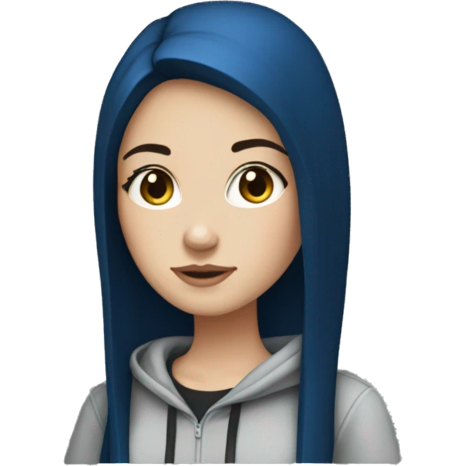 white girl with long straight dark blue hair wearing black hoodie emoji