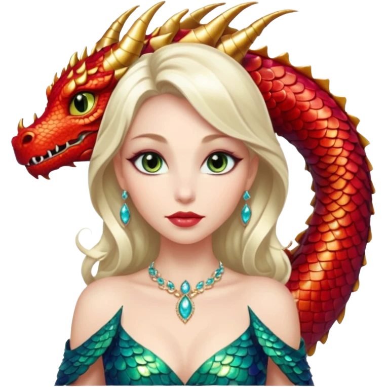 A gorgeous woman with dragon features with glittering jeweled scales covering her body. She has large almond shaped eyes, lush lips, and she wears a stunning luminescent gown. emoji