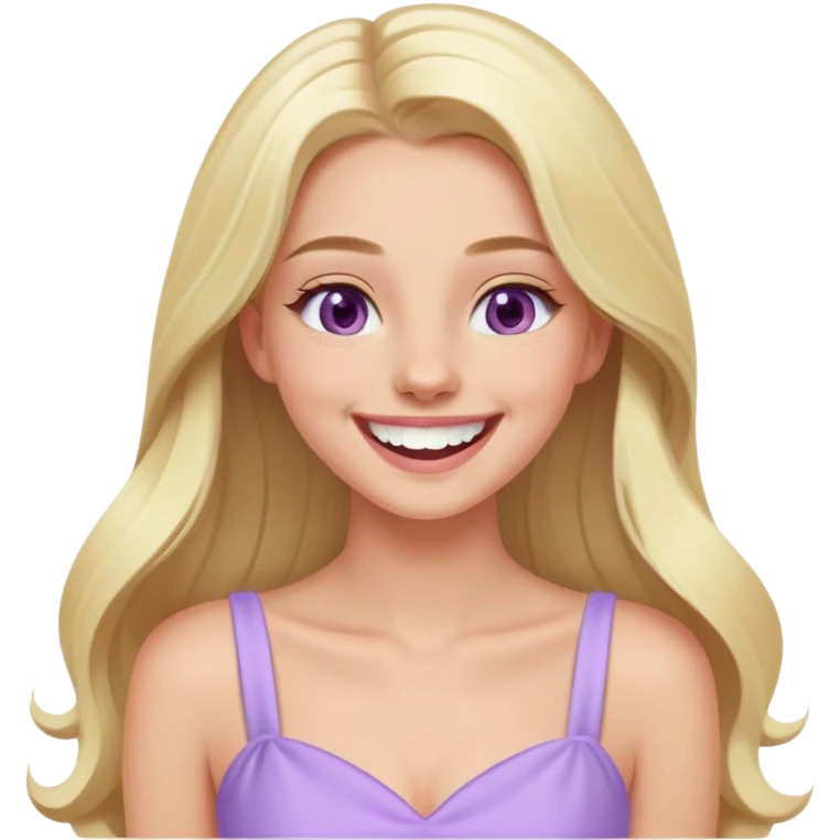 laughing blonde model, hazel eyes, sleek long hair, pastel purple dress emoji