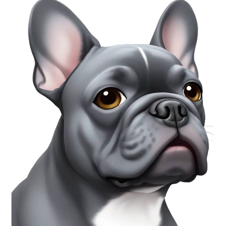 Dark grey French bulldog with white line on chest and blue eyes emoji