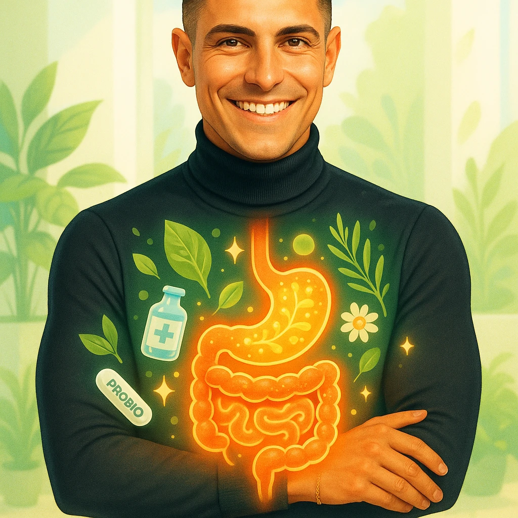 Create a realistic or wellness-illustration style image of a fit and healthy 30-year-old man inspired by the reference image. He is smiling confidently with a glowing transparent overlay showing a clean and healthy intestine. The digestive tract appears smooth, balanced, and vibrant, surrounded by symbols of gut health like leafy greens, probiotics, or natural elements. The background is clean and bright, resembling a wellness clinic, nature, or minimal design, with vibrant lighting and a positive health-focused tone. emoji