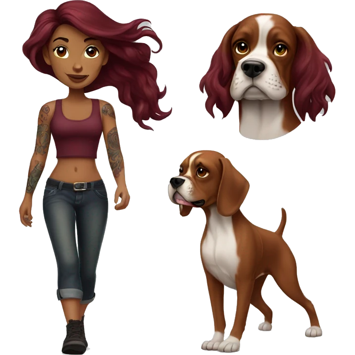 Beautiful tattooed  burgundy long haired woman walking a boxer dog emoji