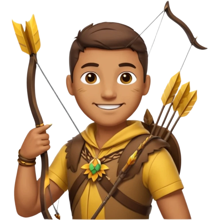 The classic hunter image with a bow and arrow on his back, dressed in brown yellow with some animal made decorations on his clothes emoji