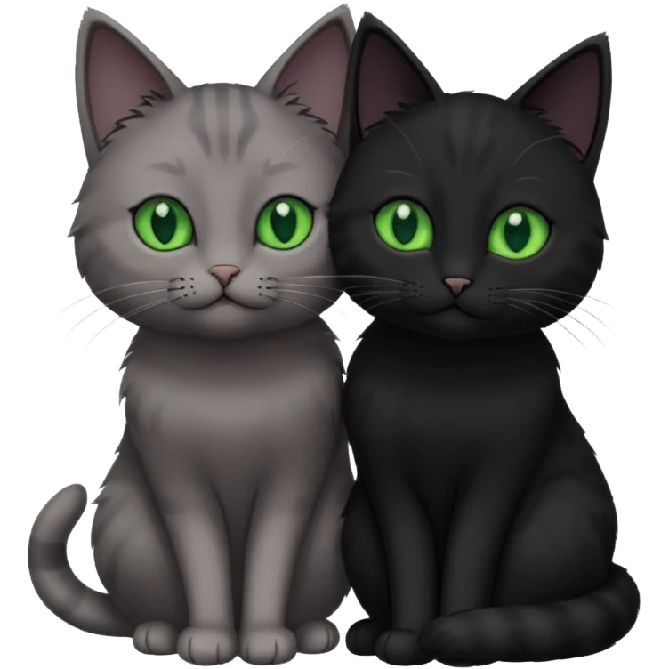 1 grey cat with green eyes and 1 black with green eyes cat cuddling emoji