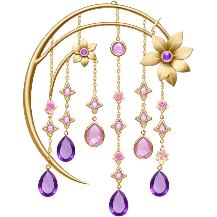 Epic Hanging gold suncatcher, threads with shiny sparkly amethyst and rose-quartz gemstones, flowers, crescents-moons emoji