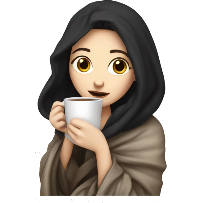 Pale girl with dark hair cozy in a blanket sipping coffee  emoji