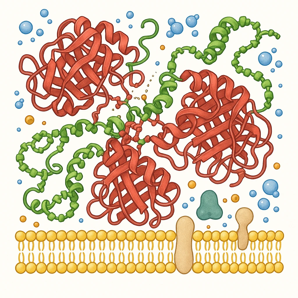Ultra-realistic scientific illustration of enzymatic starch digestion at the cellular level, rendered in textbook-accurate detail. Show:

Multiple amylase enzyme molecules (red, with clear tertiary structure showing alpha-helices and beta-sheets) actively cleaving
Starch polymers (green amylose/amylopectin with accurate glucose unit linkages - α(1→4) and α(1→6) branches)
Cell membrane segment (yellow phospholipid bilayer with integral proteins and cholesterol molecules)
Reaction environment (blue water molecules, ionic interactions, pH-sensitive groups)
Molecular interactions (hydrogen bonds, substrate-enzyme transition state, electron cloud textures)
Technical Specifications:

Background: Pure white (#FFFFFF)
Accuracy: PDB-level structural correctness (reference 1SMD for amylase)
Exclusions: No labels
Special Details to Include:

Catalytic triad (Asp197, Glu233, Asp300) in amylase active site
Starch helix distortion during hydrolysis
Membrane protein channels for glucose transport emoji