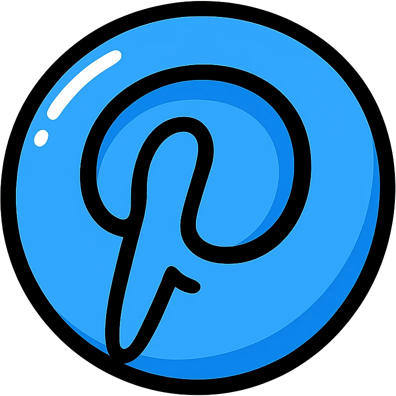 plump, rounded Pinterest 'P' logo, blue color, bold black outlines, expressive shadows, glossy highlights, no background, dimensional style emoji