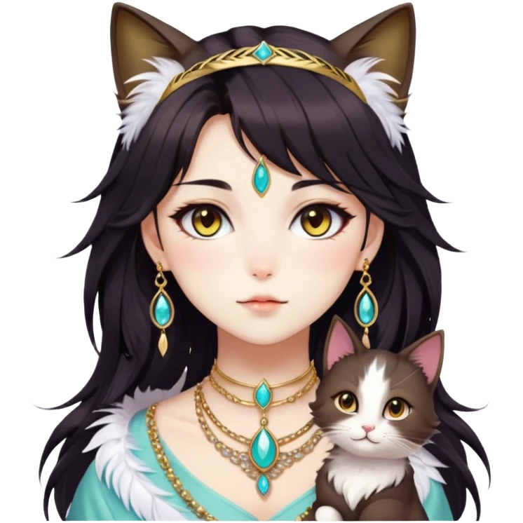 Beautiful gorgeous anime cat-lady with beautiful dark-brown-special-hair, fashion aesthetic, ethereal, feather, accessories, gold jewelries, gold, colorful,  emoji