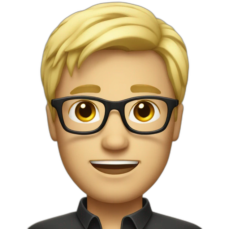 a man with blond hair with black glasses with very small smile emoji