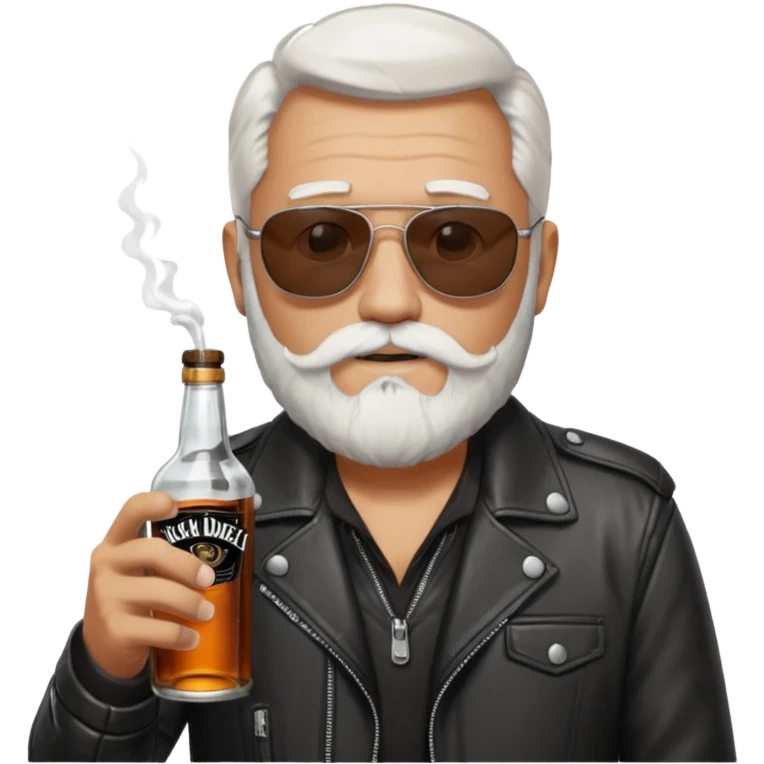 Un motero de perilla blanca, gafas oscuras chupa de cuero y bebiendo de una botella de Jack Daniel's. emoji