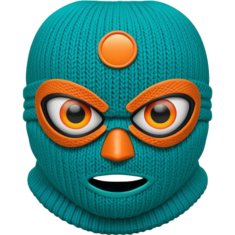 teal and orange ski mask with evil eyes emoji
