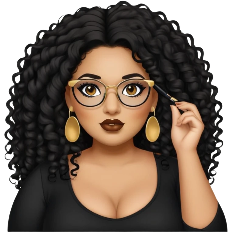 big plus size, latina, darker tan skin, long black curly hair, baddie,pretty, makeup, lipliner, black eyeliner, long hair, gold earrings, black top, black glasses emoji