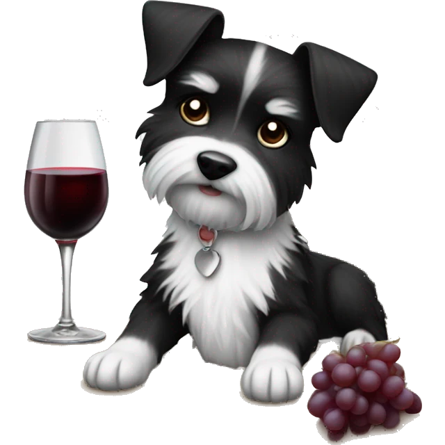 small black and white terrier with medium fur length sitting at a table drinking wine emoji