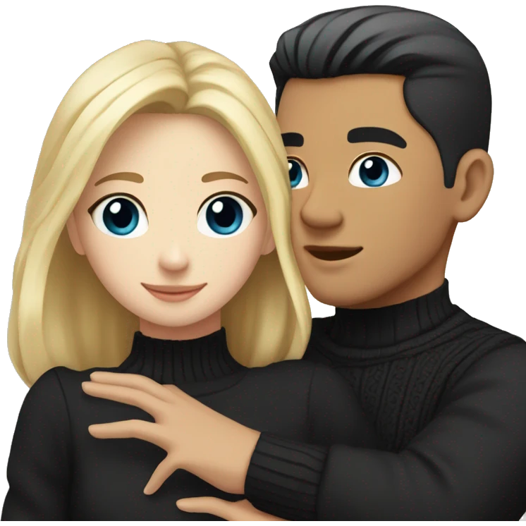 Blonde girl with blue eyes in black sweater and asian man with black hair and black eyes hugging emoji