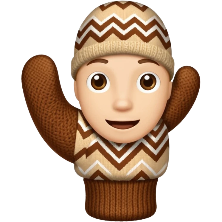 thumbs up fist in brown knit mitten with zig-zag beige pattern, no face emoji
