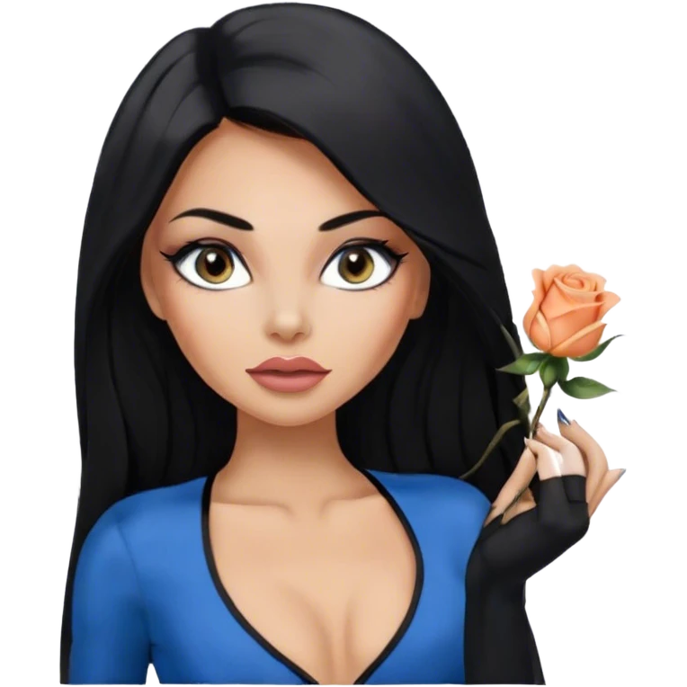 Glamours, tanned, very beautiful girl, with big pump peach-beige-rose lips, eyeliner, long long lashes, black straight smooth silky long hair, straight parting hair, blue-grey eyes, in totally black bodysuit  emoji
