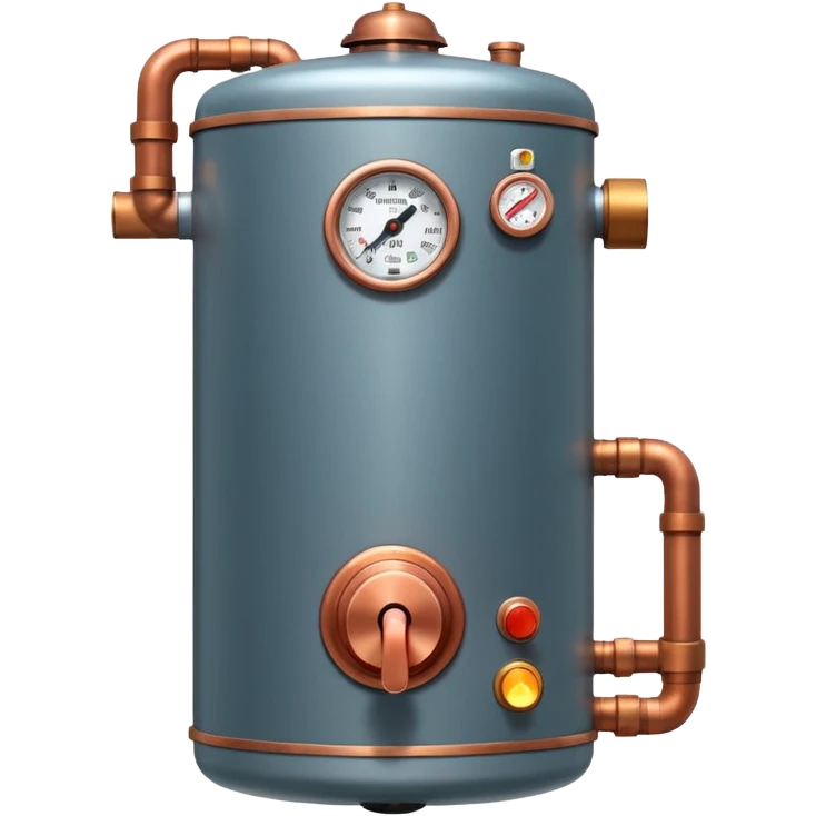 3D Pixar-style water heater unit with copper pipes and control knob, emitting a warm glow, realistic textures but friendly tone, front-facing, isolated on white

 emoji