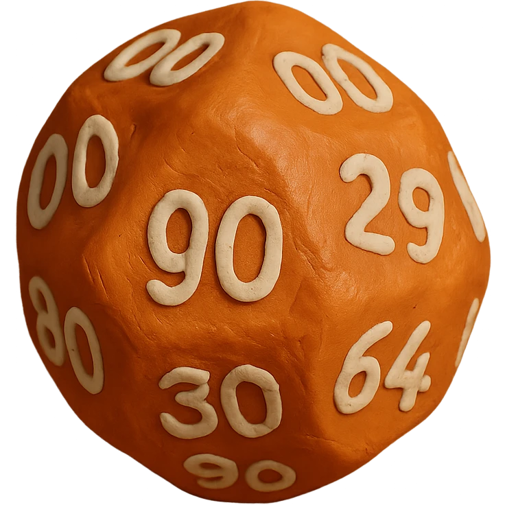 single hundred-sided die d100 in claymation style emoji