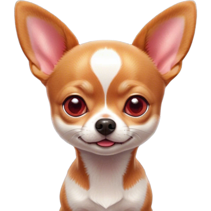 Cinematic Cute Red/White Short Haired Chihuahua Portrait Emoji, Head tilted playfully and inquisitively, smooth red and white fur with a vibrant sheen, round, sparkling dark eyes filled with curiosity, Simplified yet irresistibly adorable features, highly detailed, glowing with a warm, friendly glow, high shine, affectionate and lively, stylized with a touch of whimsy, bright and endearing, soft glowing outline, capturing the essence of a mischievous yet loving pup, so playful it feels like it could bound out of the screen and into your arms! emoji