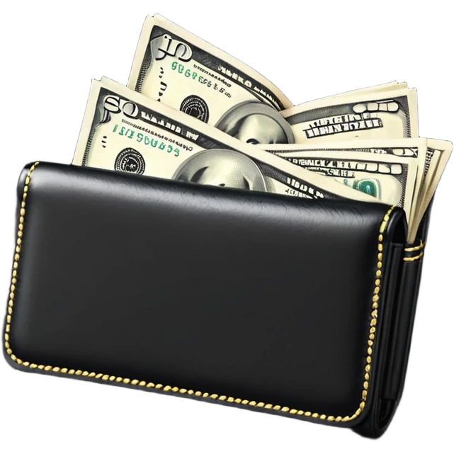 Rich emoji style black leather wallet with dollar bills, luxury money vibe, premium 3D emoji, ultra clean, high detail, no background
 emoji