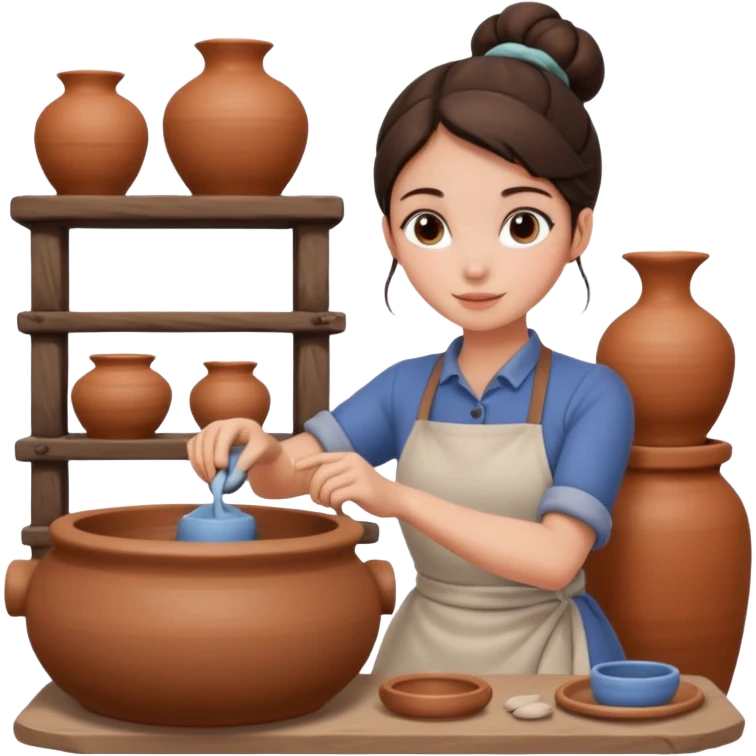 Brunette girl with bun, behind pottery wheel emoji