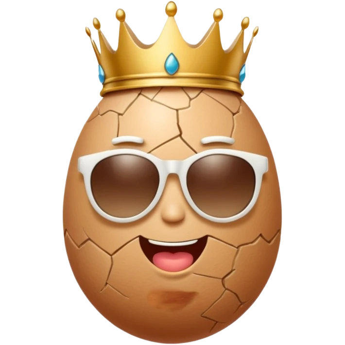 a funny, proud cartoon-style egg character wearing sunglasses and a small broken crown, solid orange background. emoji
