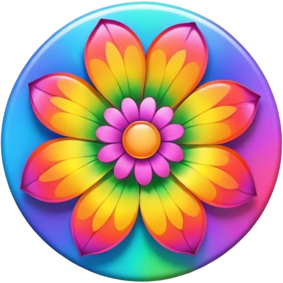 A round psychedelic colored button with a large rainbow colored flower in the center emoji