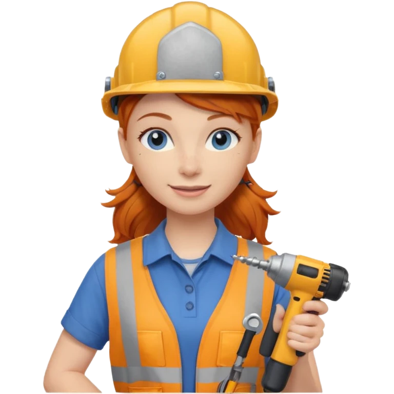 A ginger haired girl blue eyes, handyman Outfit, wearing a Helmet, with drill emoji