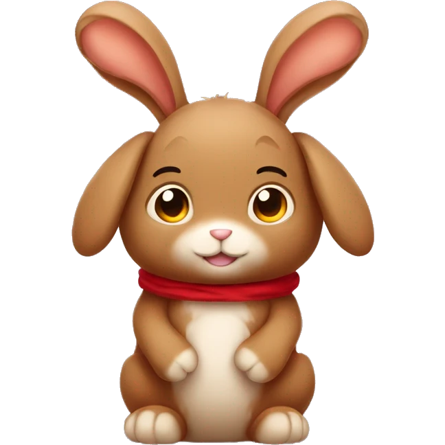 Cute Fluffy brown rabbit toy, long floppy downwards ears, wearing red tshirt  emoji