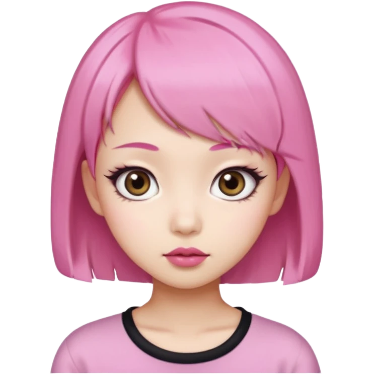 An Asian girl with pink short hair, big eyes, thick eyebrows, and long eyelashes;  emoji