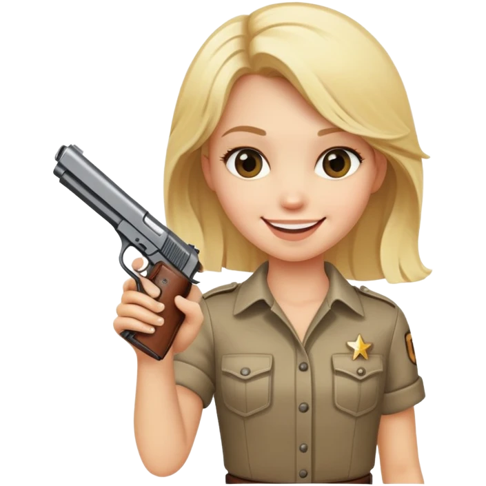 blonde girl smiling and holding a pistol emoji