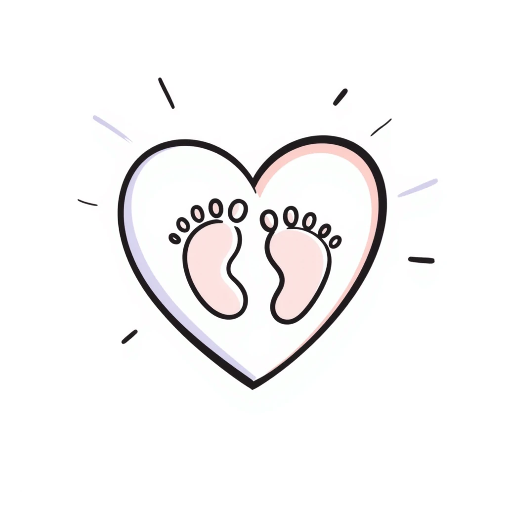Simple, tasteful maternal symbol with a heart and tiny baby footprints. Hand-drawn doodle style using pastel colors (pink, light blue, lavender, peach). Gentle design representing motherhood and pregnancy. Sweet illustration with soft, nurturing elements. emoji