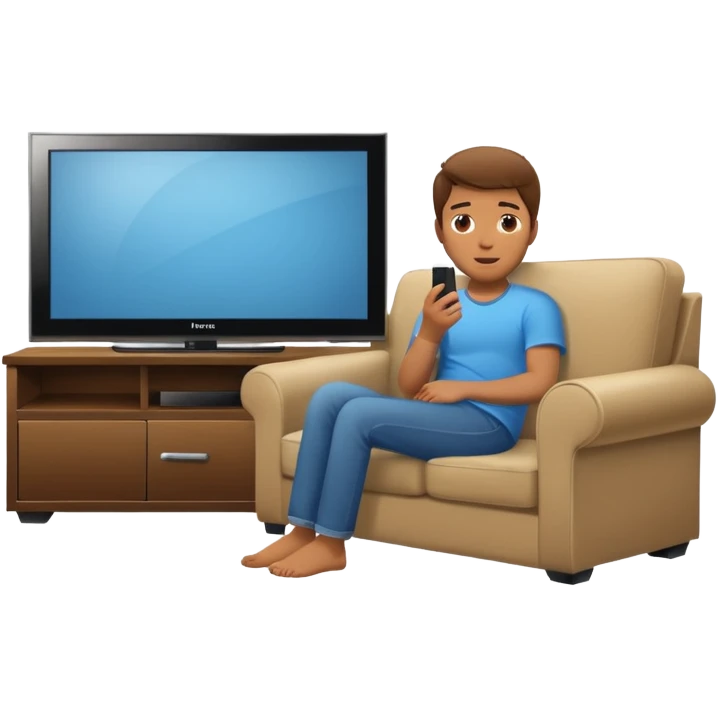 A man photographed from behind, sitting on a sofa and watching the news on TV on a modern flat screen. The setting is a living room. emoji