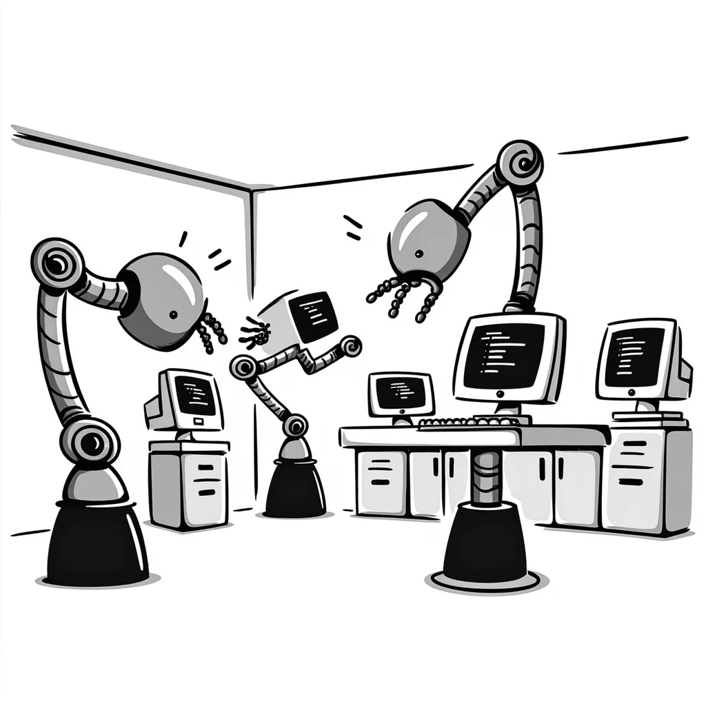 A robotics lab with mechanical arms and old CRT monitors emoji