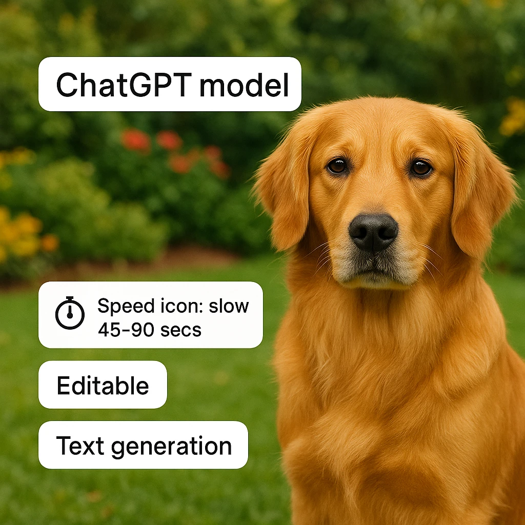 Move the 'ChatGPT model' title to the top of the image and place the rest of the tags ('Speed icon: slow 45-90 secs', 'Editable', 'Text generation', 'New') at the bottom. Use a golden retriever in a garden as the image background, seamless website style. emoji