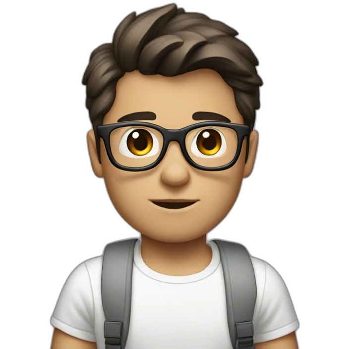 front view of young clark kent wearing white t-shirt using a laptop emoji