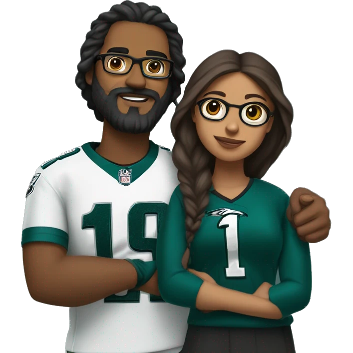 Brown guy with beard mustache and brown girl with glasses and her hair in a bun in Philadelphia eagles clothes holding hands emoji