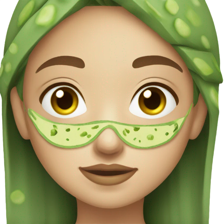 Girl with freackles Brown hair and white skin wears skin care mask Thats Green and pickle on her closed eyes emoji