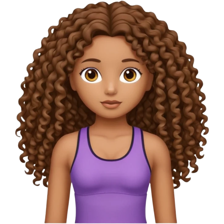 Uma boneca morena com olhos castanhos e cabelo cacheado longo até o peito, treinando Gym emoji