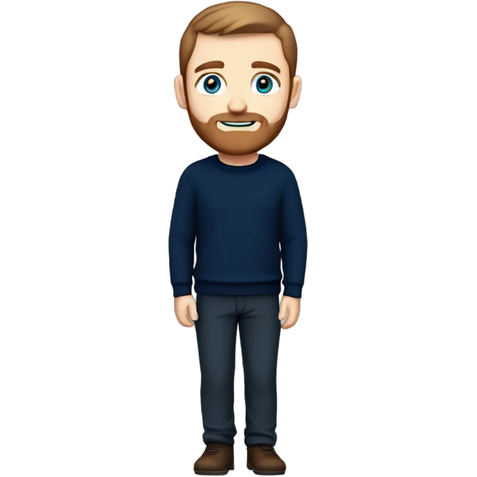 irish man blue eyes, brown short hair and short beard, wearing a smart navy blue jumper. full body. emoji