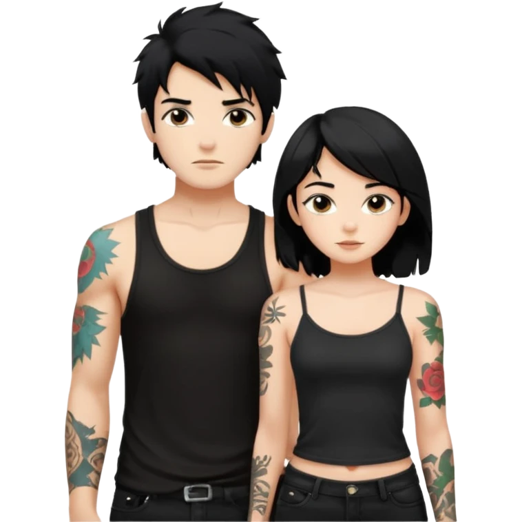 generate a fair boy with messy black hair, tattoos. standing beside a fair black haired girl wearing a black cami top. emoji