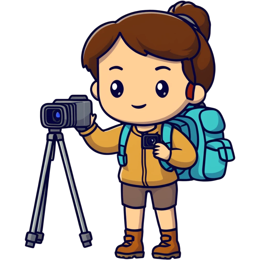 hiking woman with brown hair holding a video camera emoji